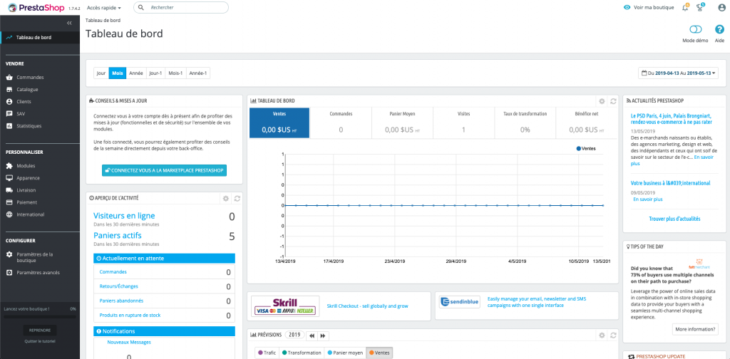 Interface de gestion de PrestaShop